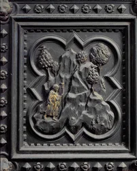 Johannes Kastaja poikana erämaassa, San Giovannin kastekirkon eteläovien kuudes paneeli, 1336 (pronssi).
